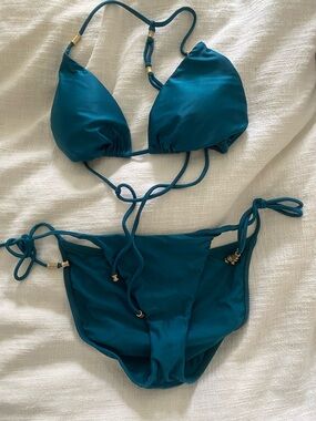 Vix Teal String Bikini with Gold Accents